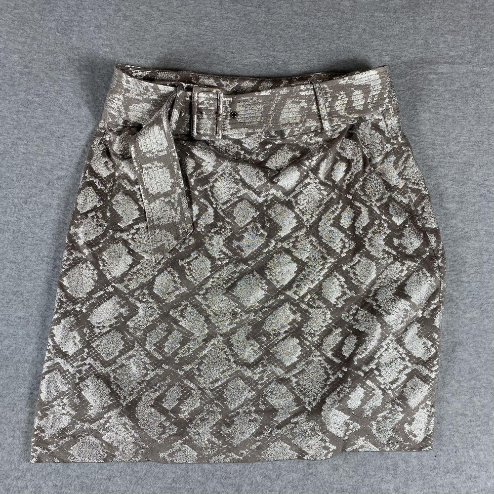 INC International Concepts Skirt Womens 2‎ Silver Metallic Snake Print Belted